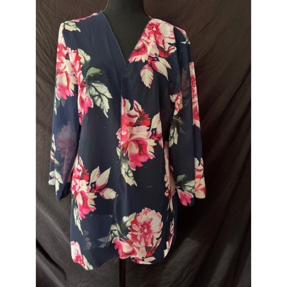 Floral Kimono Cardigan Navy Blue Pink White Open Front Lightweight Topper Size M